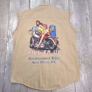 Biker Wear Mens Fill'er Up Key West Shirt Large Button Sleeveless Pin Up Girl